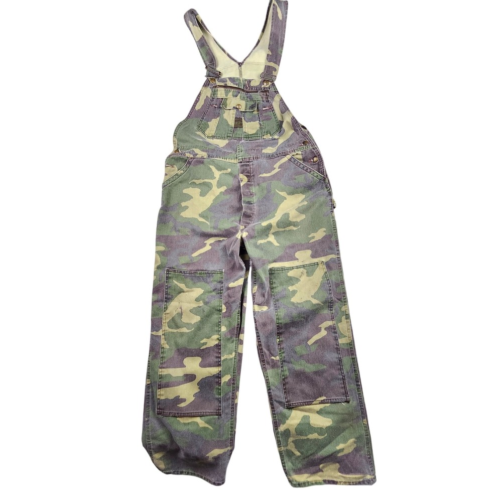 VTG Liberty Overalls Bib 40x29 Double Knee Woodland Camo Hunting 80s 90s Utility